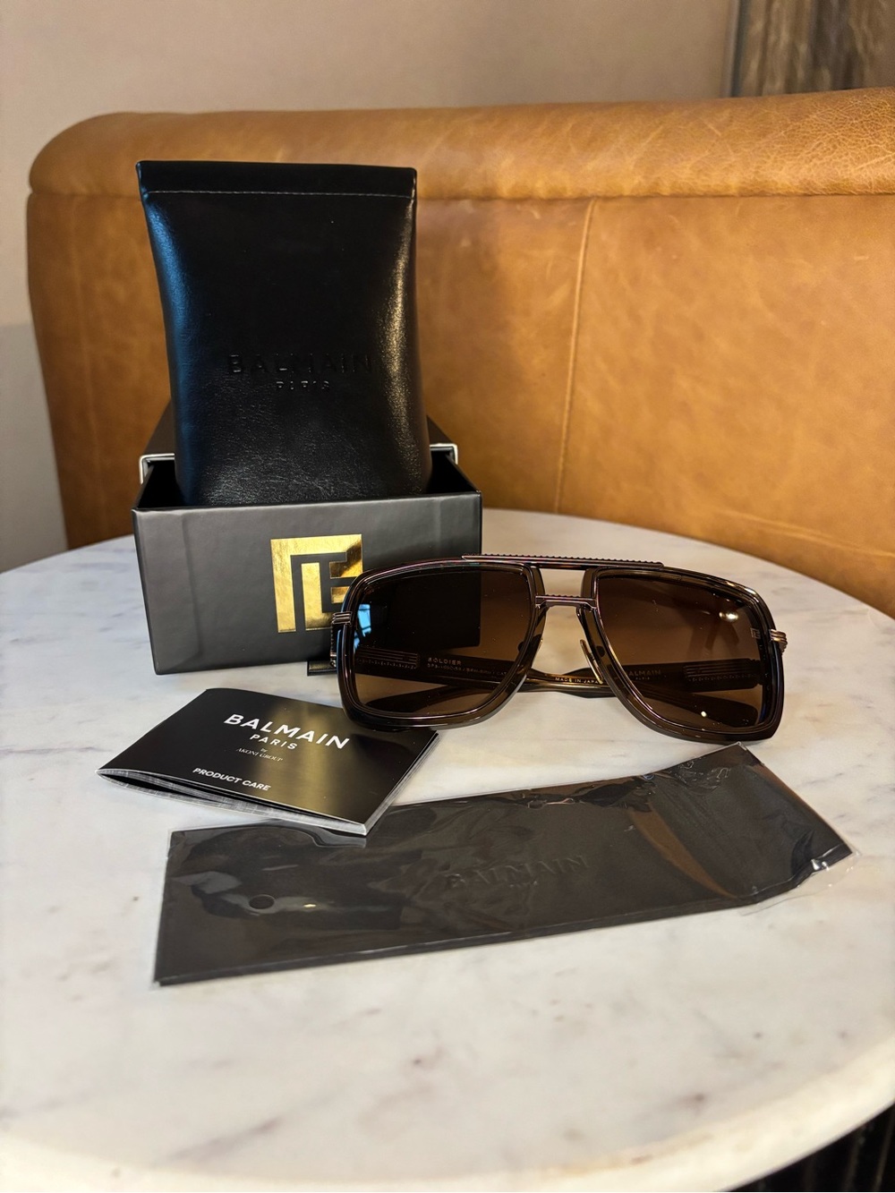 Balmain Soldier BPS-160C Brown Titanium Aviator Sunglasses 59mm Full Set